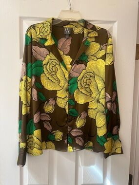 W by Worth Olive Floral Button-Up Blouse with Yellow & Green Accents